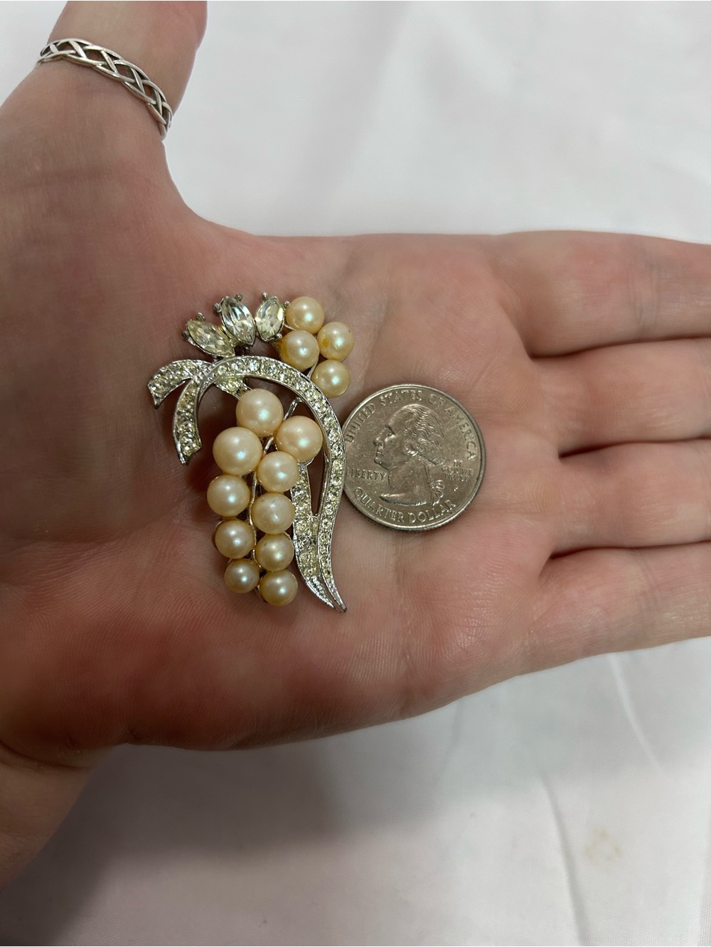 Pearl and Crystal Cluster Brooch - Champagne faux Pearls with Silver Tone